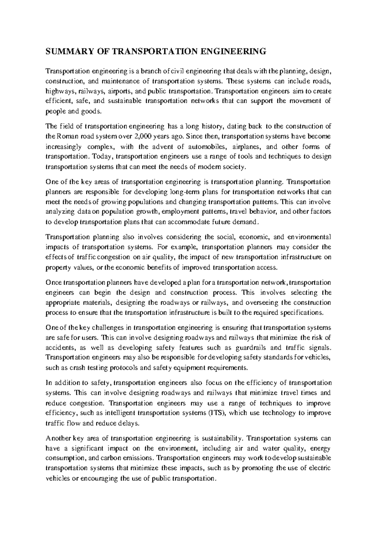 Summary of Transportation Engineering: Key Concepts & Challenges - Studocu