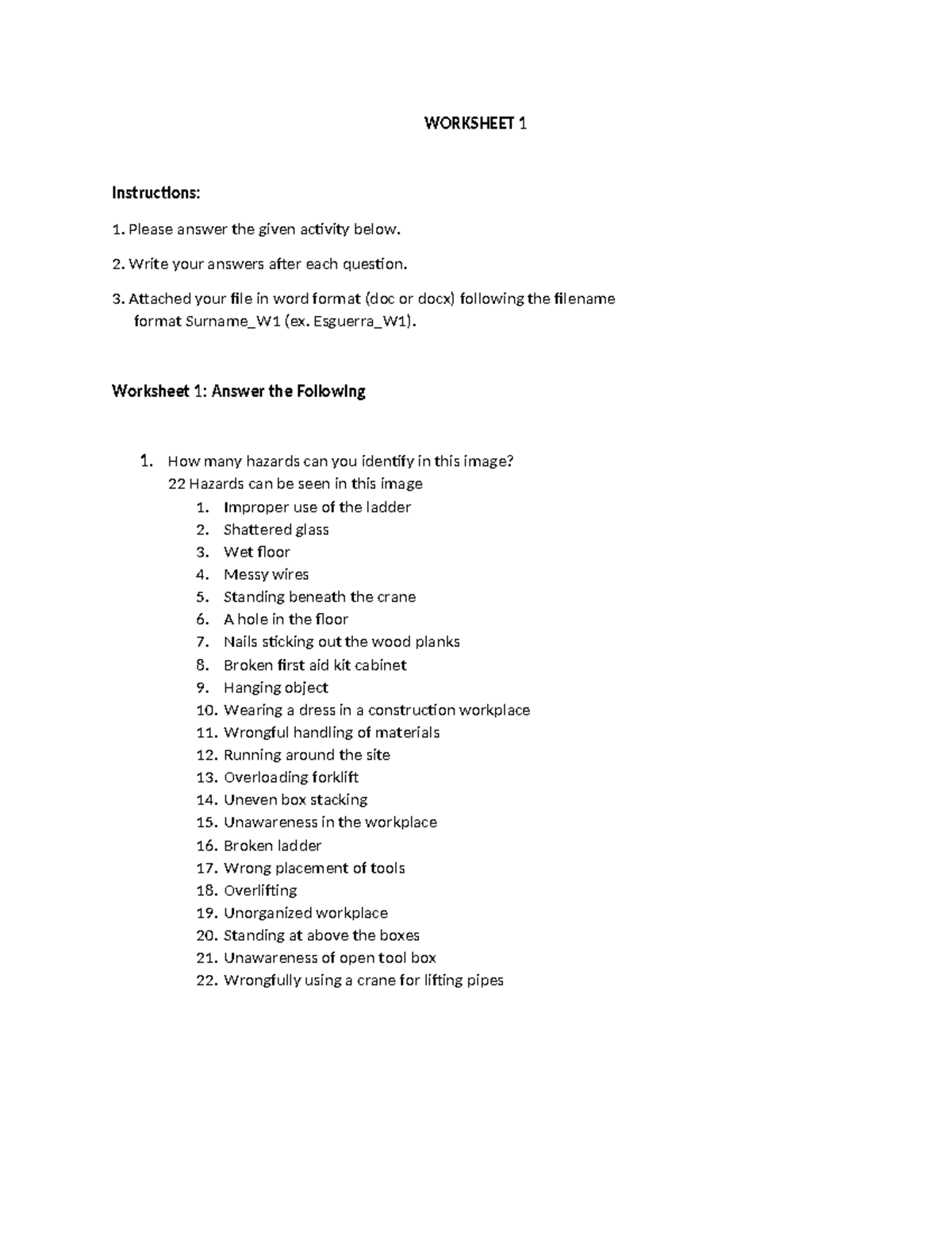 SFTY Worksheet 1: Identifying Hazards in Workplace Images - Studocu