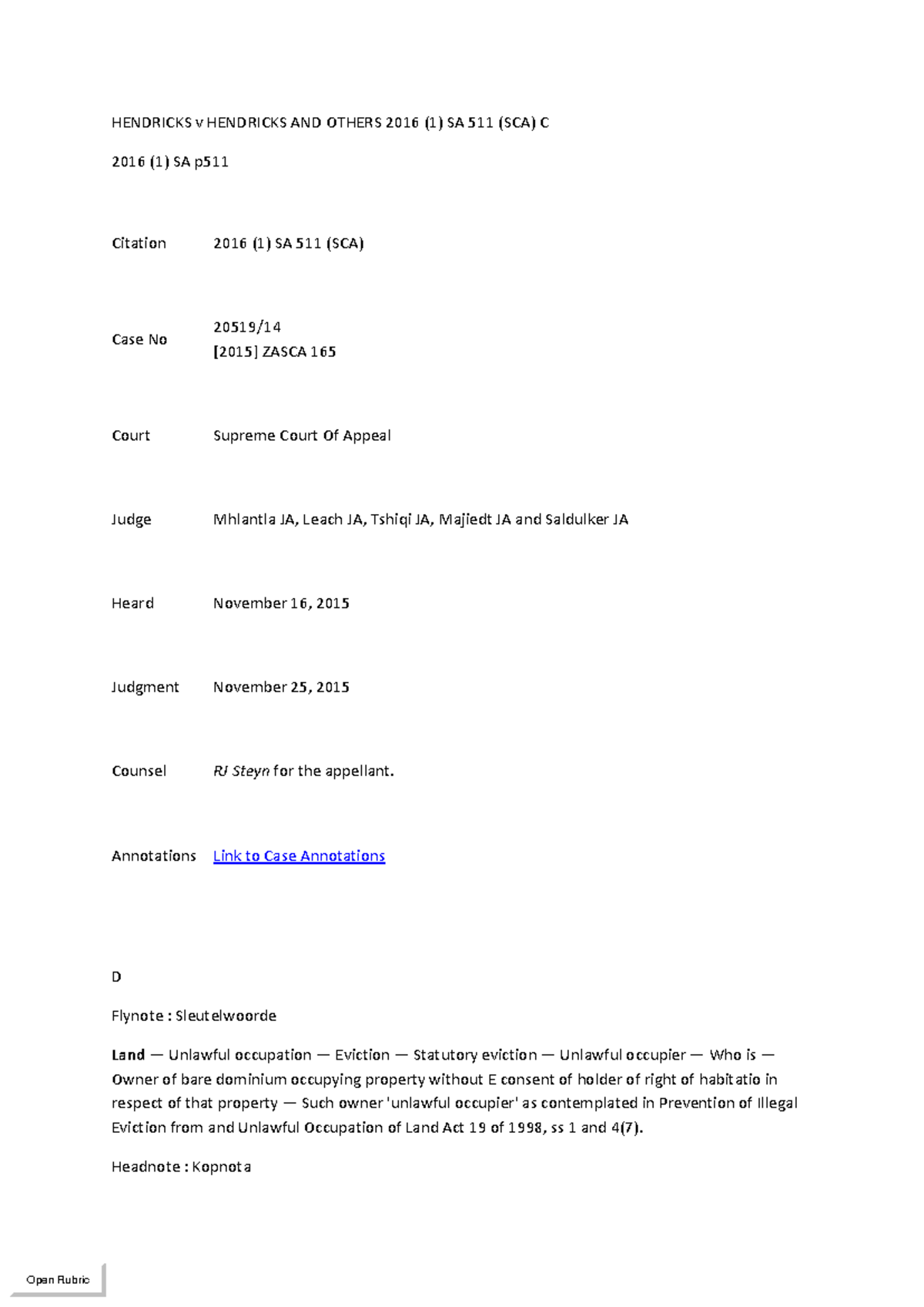 Hendricks v Hendricks Case Study - SCA 2016 Judgment Summary - Studocu