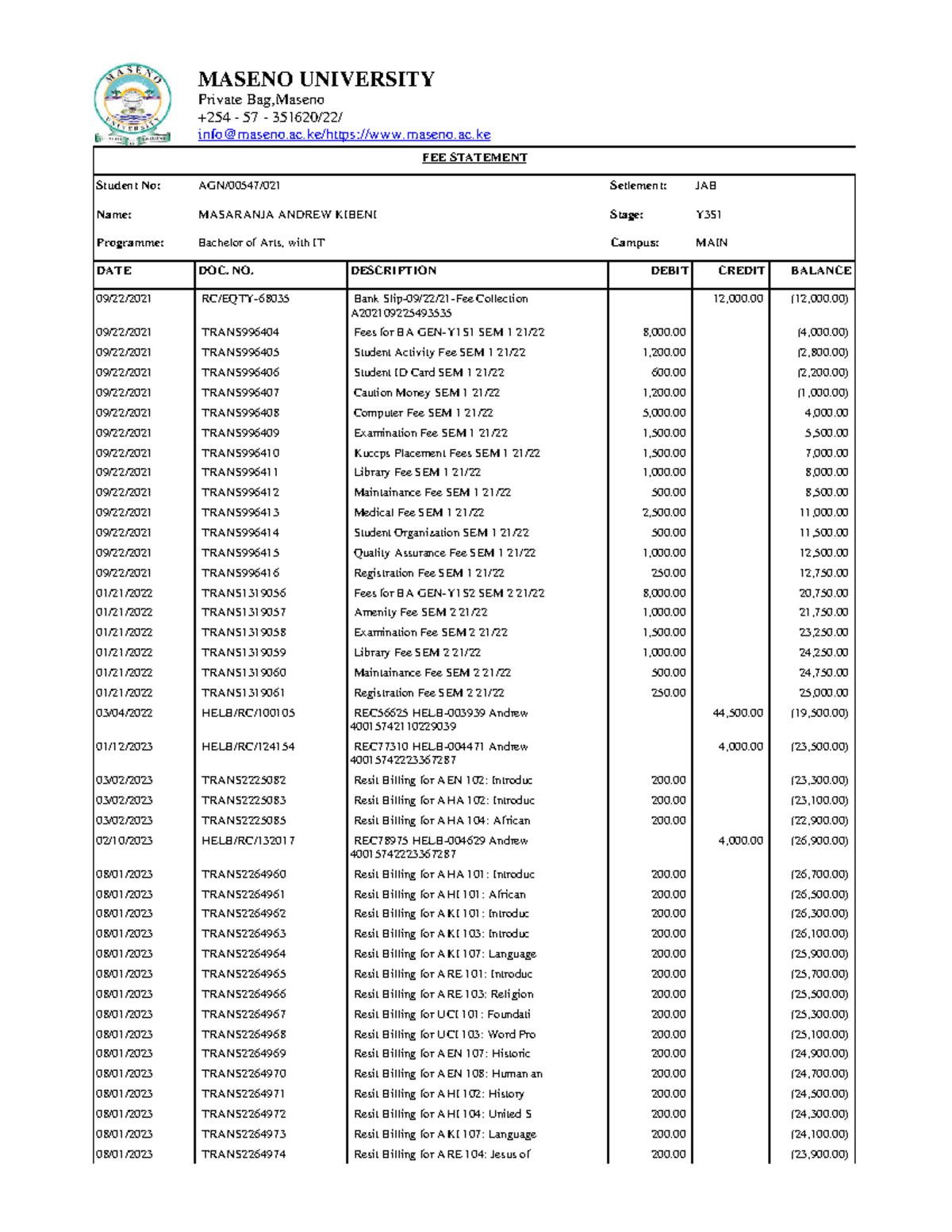 Fee Statement-AGN00547021 - MASENO UNIVERSITY Private Bag,Maseno +254 ...
