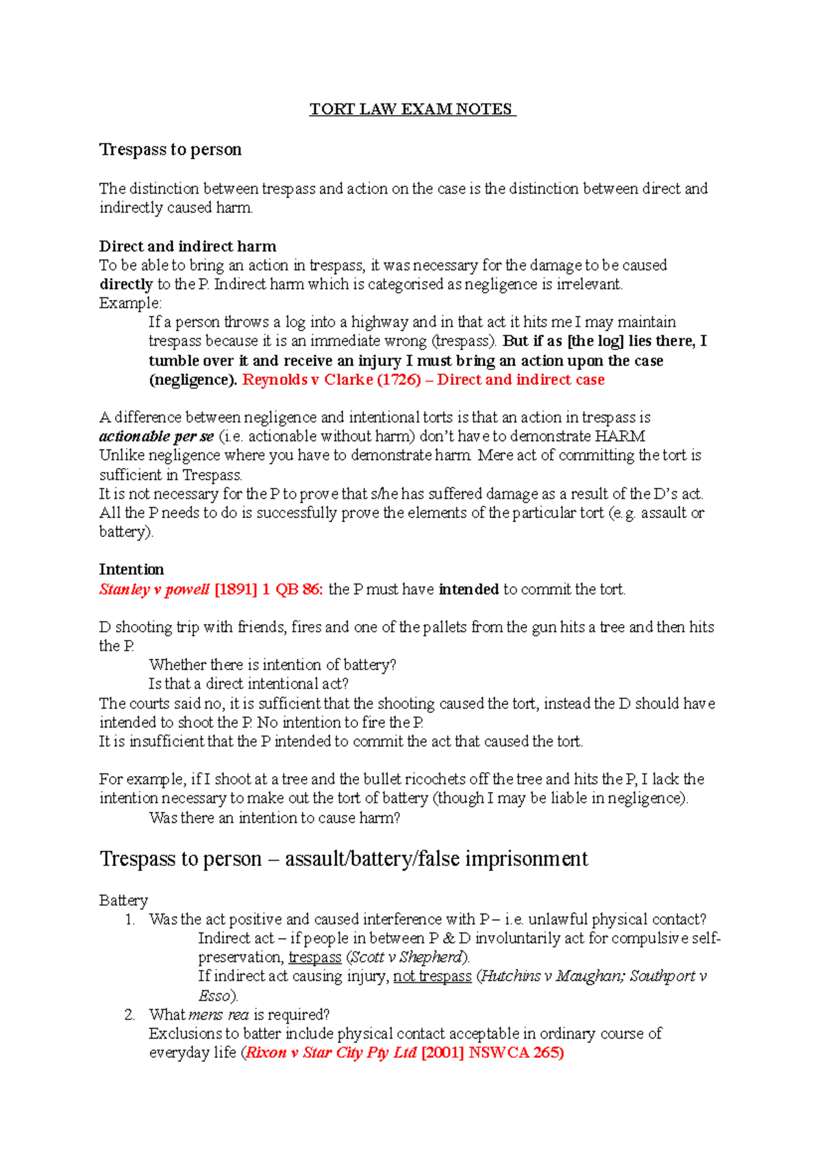 LAW2TOT TORT LAW EXAM NOTES: Trespass to Person Explained - Studocu