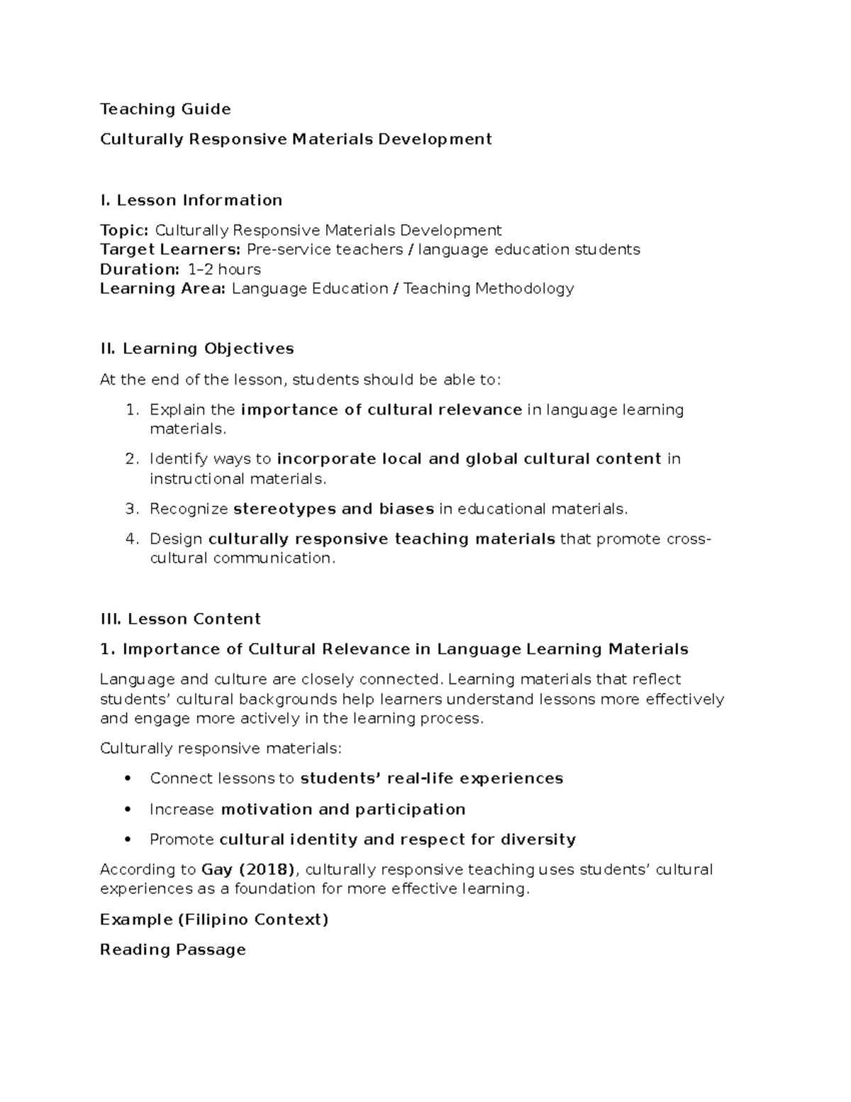 Teaching Guide: Culturally Responsive Materials Development I - Studocu