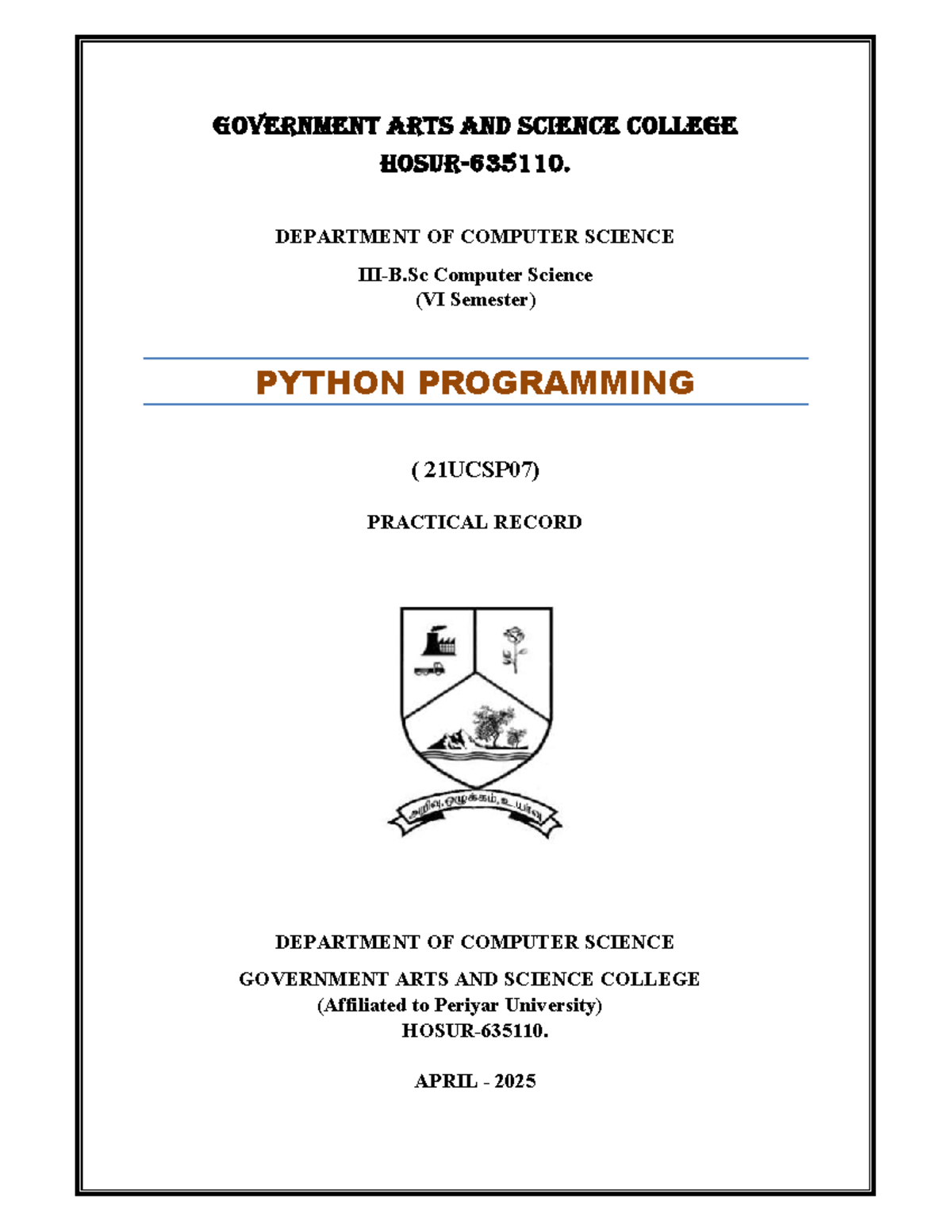 Python Programming Practical Record - 21UCSP07 (VI Sem) - Studocu