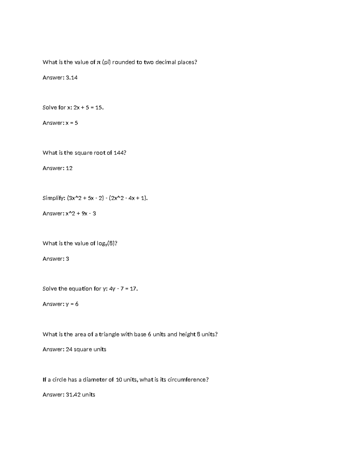 Math1 - What is the value of π (pi) rounded to two decimal places ...