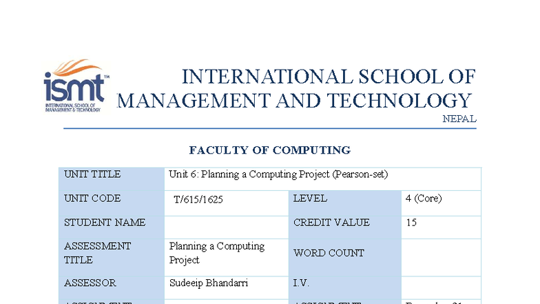Unit 06 - L4 Planning a Computing Project - Assignment Overview - Studocu