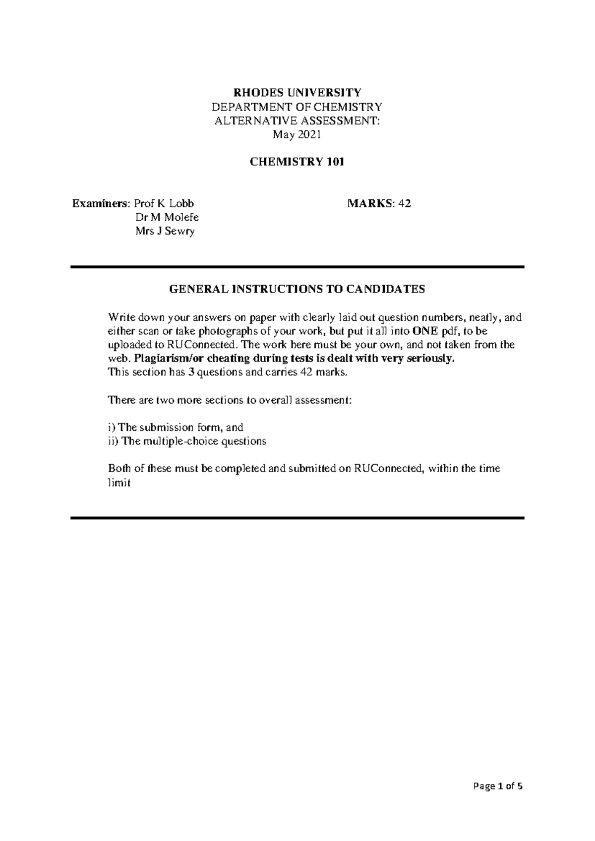 2021 CHEM 101 May Assessment Final Exam Answers and Guidelines - Studocu