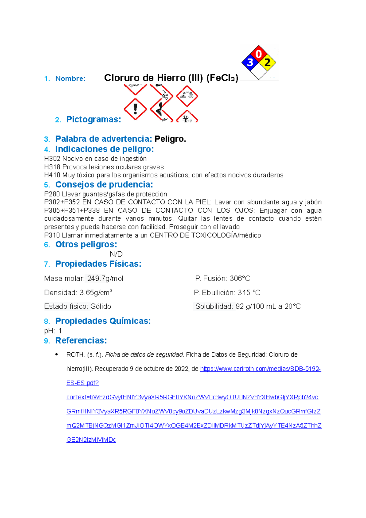 Hoja de Seguridad del Cloruro de Hierro (III) (Fe Cl3) - Peligros y ...