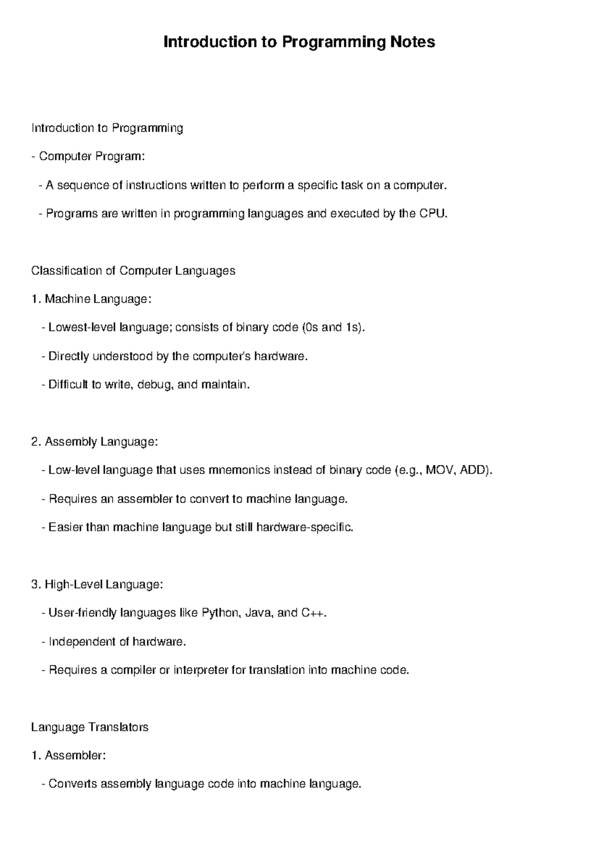 Introduction to Programming Notes - Introduction to Programming Notes ...