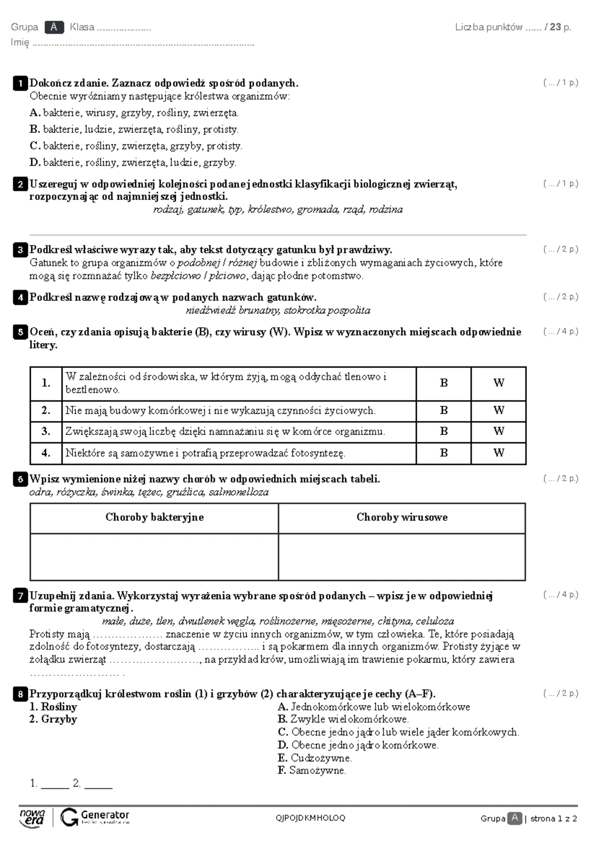 Sprawdzian klasa IV przyroda - Dział 6. Poznajemy krajobraz najbliższej