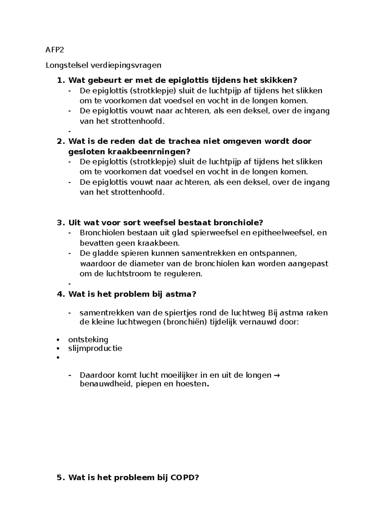 AFP2 Verdiepingsvragen over Longstelsel en Ademhaling - Studeersnel
