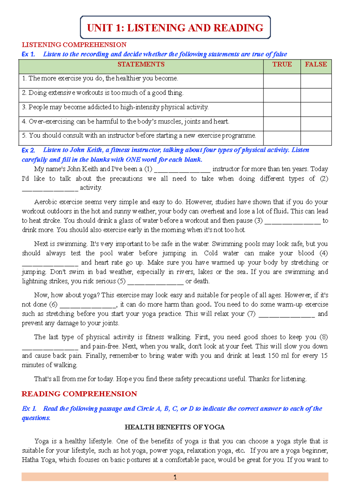 UNIT 1: LISTENING AND READING COMPREHENSION EXERCISES - Studocu
