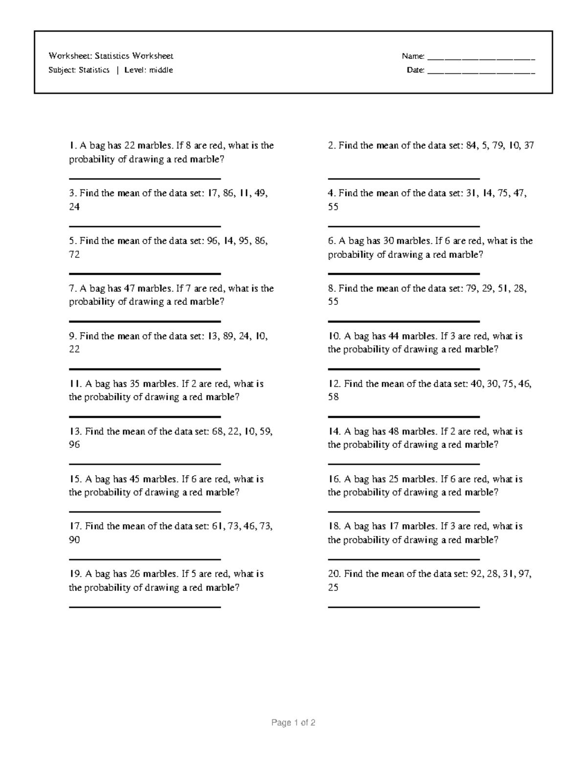 Statistics Worksheet 5: Probability & Mean Calculations - Studocu
