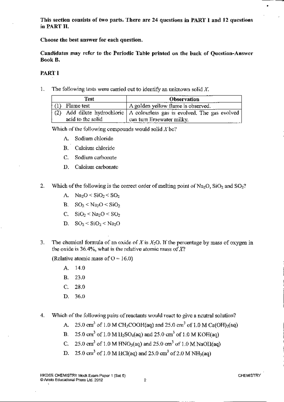 HKDSE CHEMISTRY Mock Exam Paper 1 (Set 5) - Aristo Educational Press ...