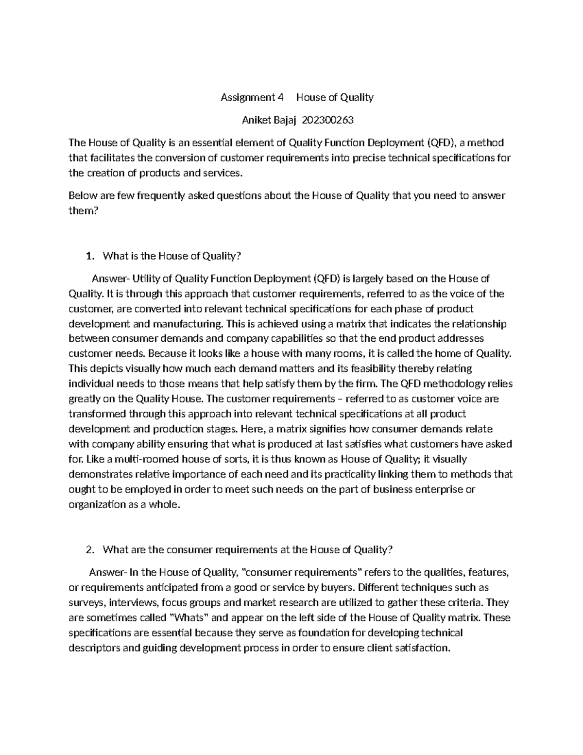 Assignment 4 - House of Quality - Assignment 4 House of Quality Aniket ...