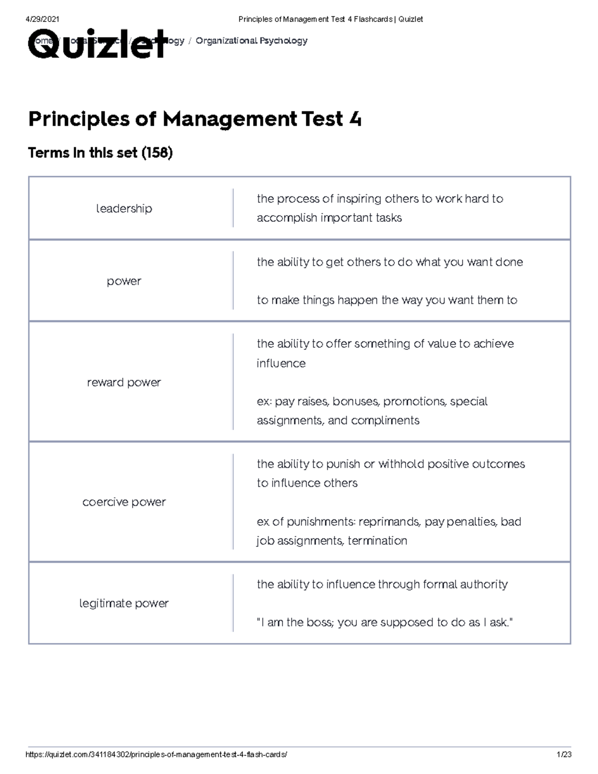 Principles of Management (MGT 101): Test 4 Flashcards on Key Concepts ...