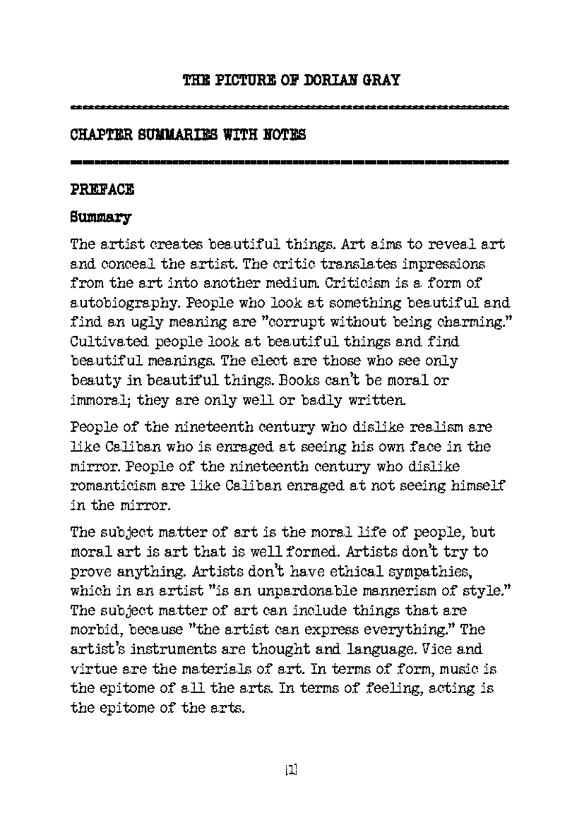 Chapter Notes: The Picture of Dorian Gray (Ch. 1-5 Summaries) - Studocu