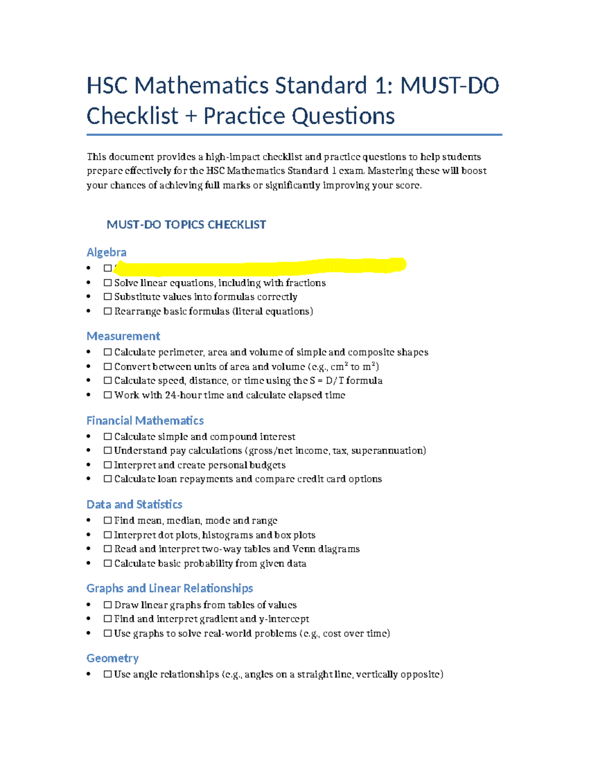 HSC Mathematics Standard 1: Exam Prep Checklist & Practice Questions ...