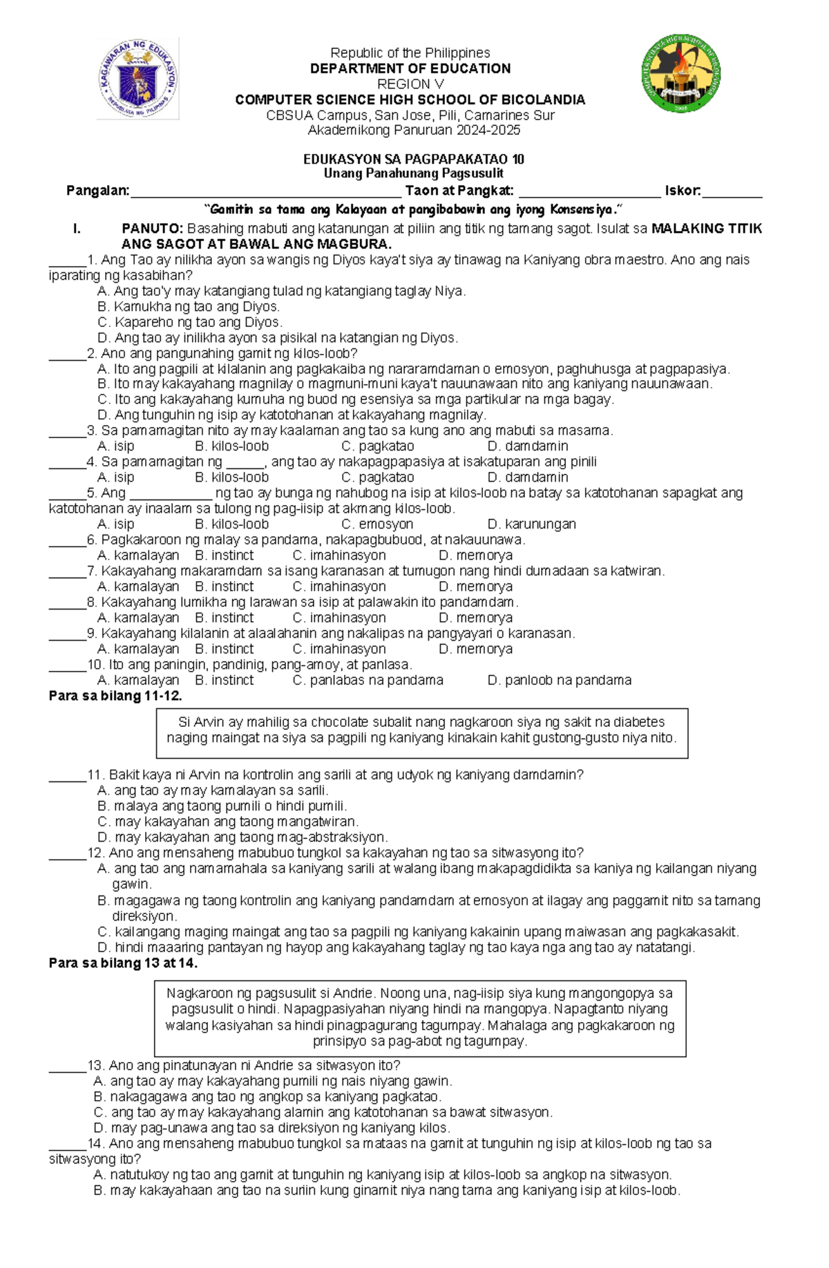 1Q-Es P10- Eksam - Testpaper - Republic of the Philippines DEPARTMENT ...