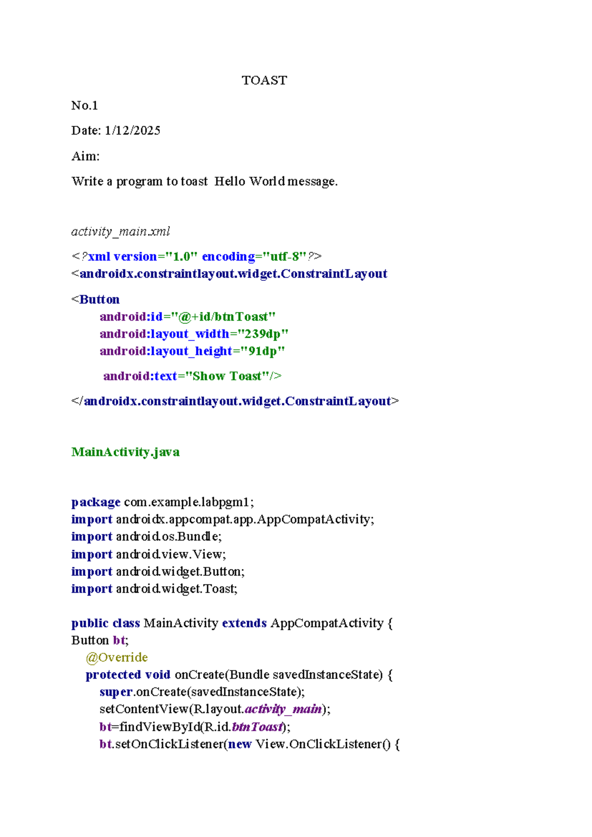 Android Programs 1-7: Toast, Image Display, Background Change, List ...