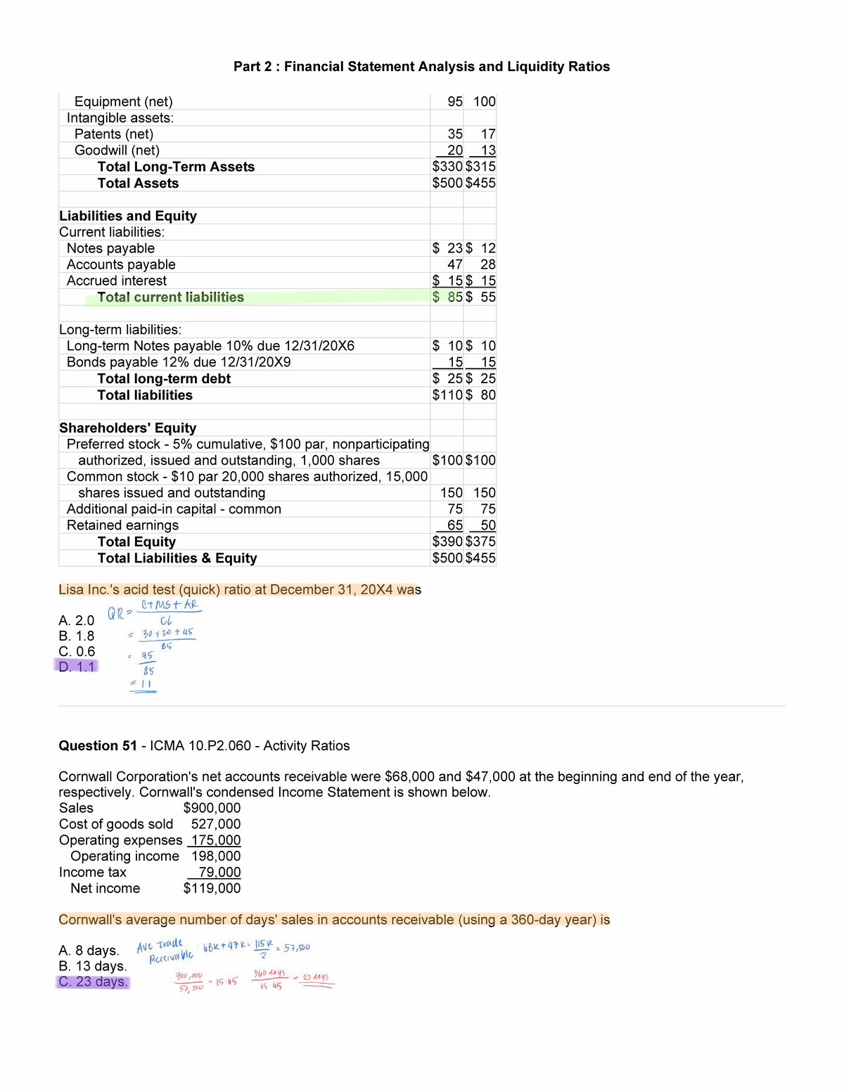 Part 2: Financial Statement Analysis & Liquidity Ratios - Qs 1-80 - Studocu