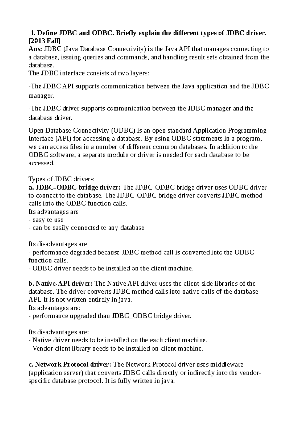 Java database QNS ANS - solution for exam - Define JDBC and ODBC ...