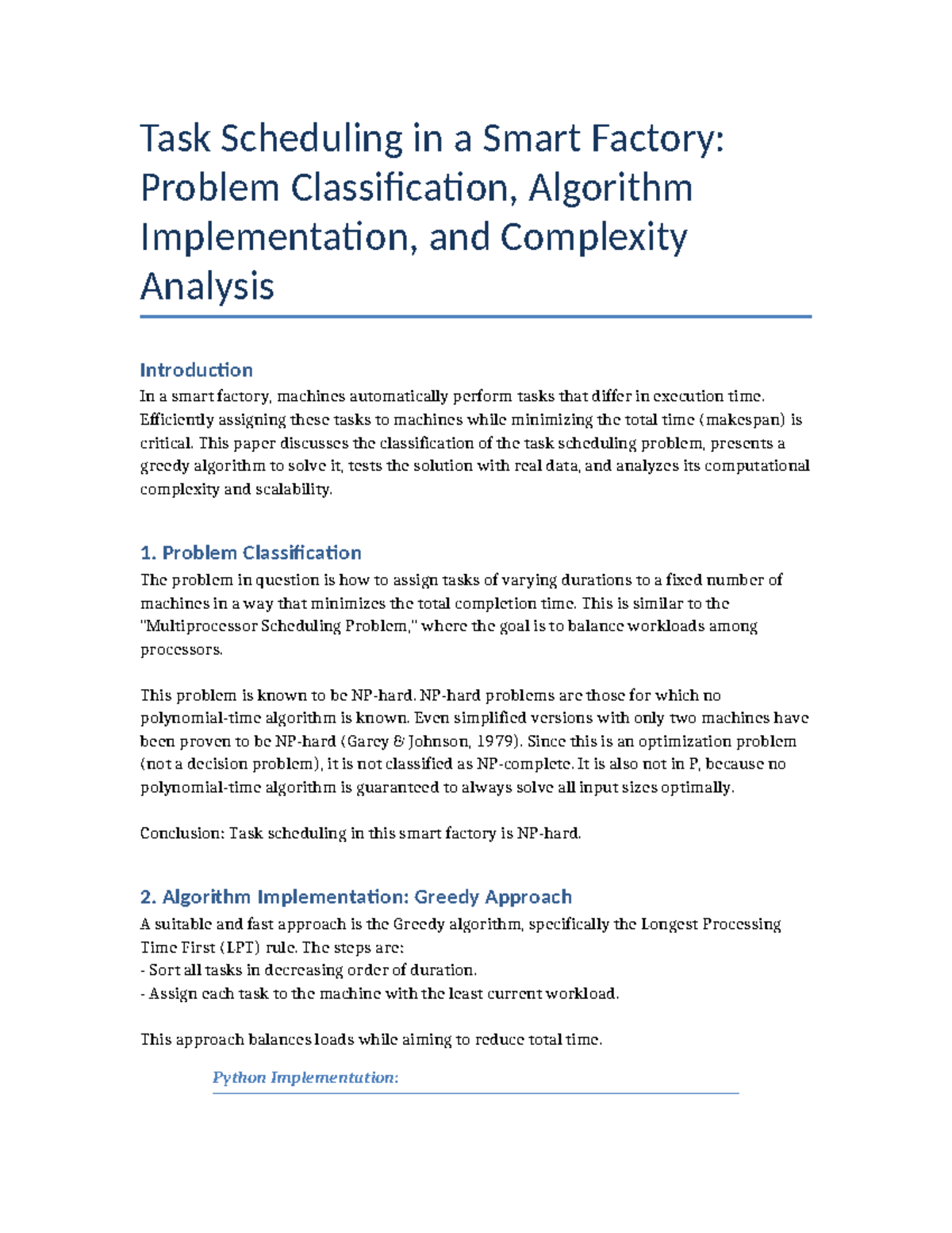 Task Scheduling in Smart Factories: Algorithms & Complexity (Unit 7 ...