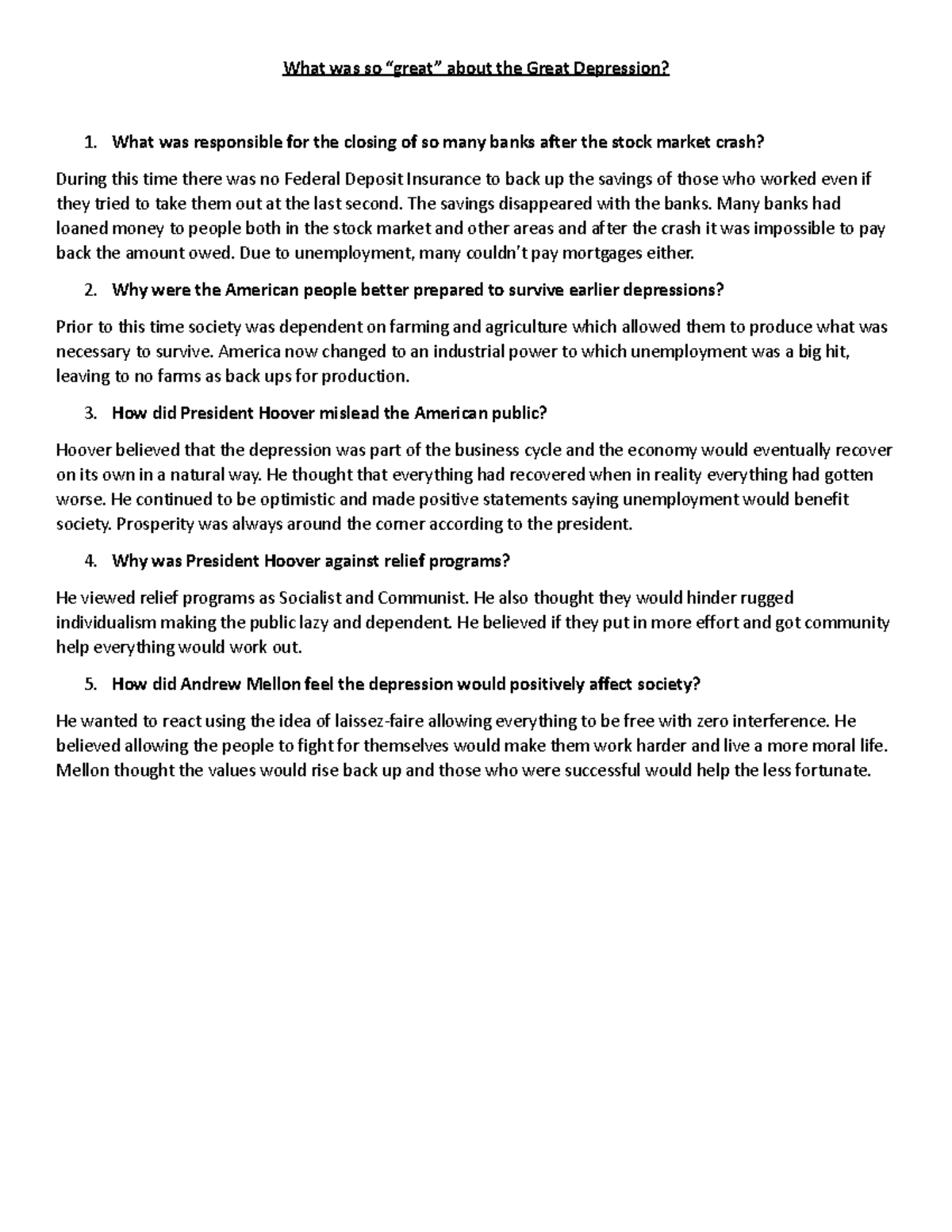 Essay on the Great Depression: Causes and Responses - Studocu