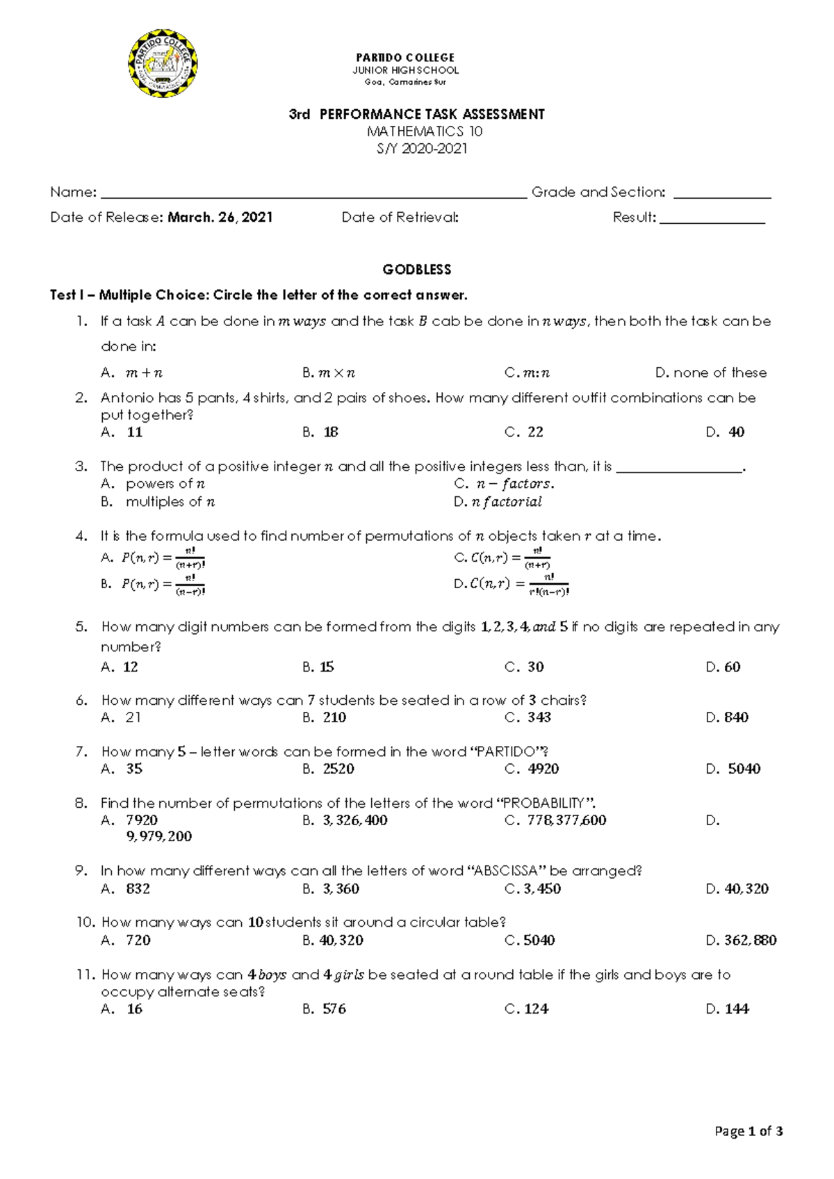 Mathematics 10 3rd Quarter Performance Task Assessment - Studocu