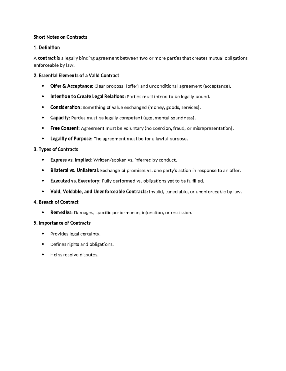 Contracts - Summary Law - Short Notes on Contracts 1. Definition A ...