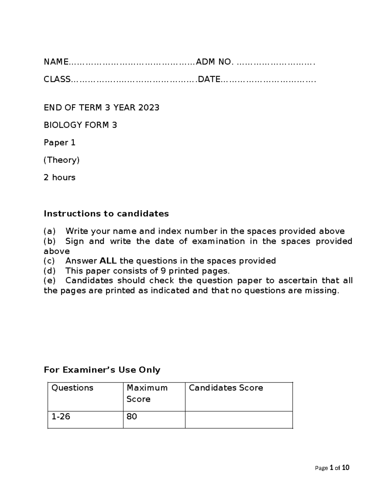 F3 Biology Term 3 Exam Paper 1 (Theory) 2023 - Studocu