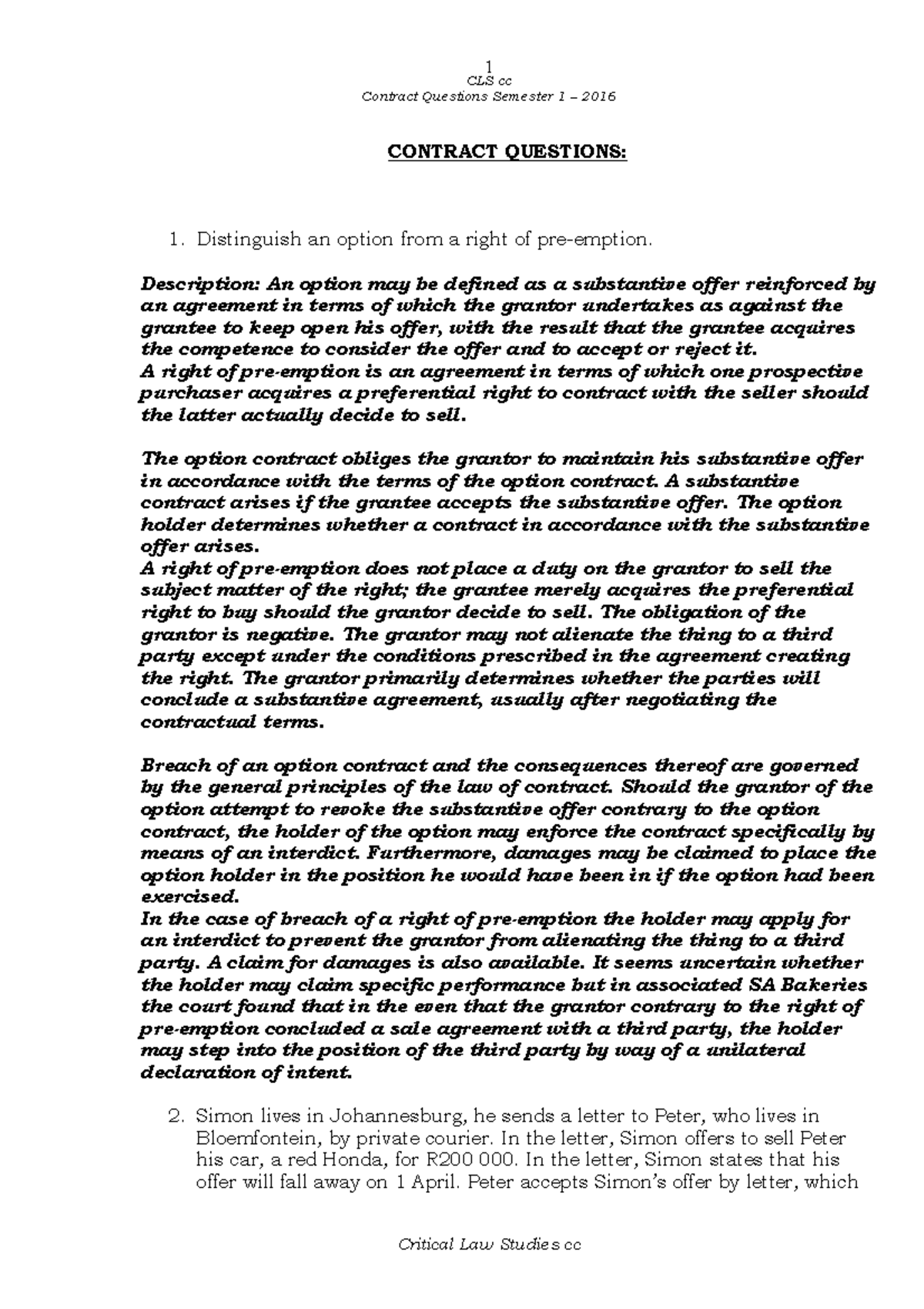 PVL3702 Notes - CLS cc Contract Questions Semester 1 – 2016 CONTRACT ...