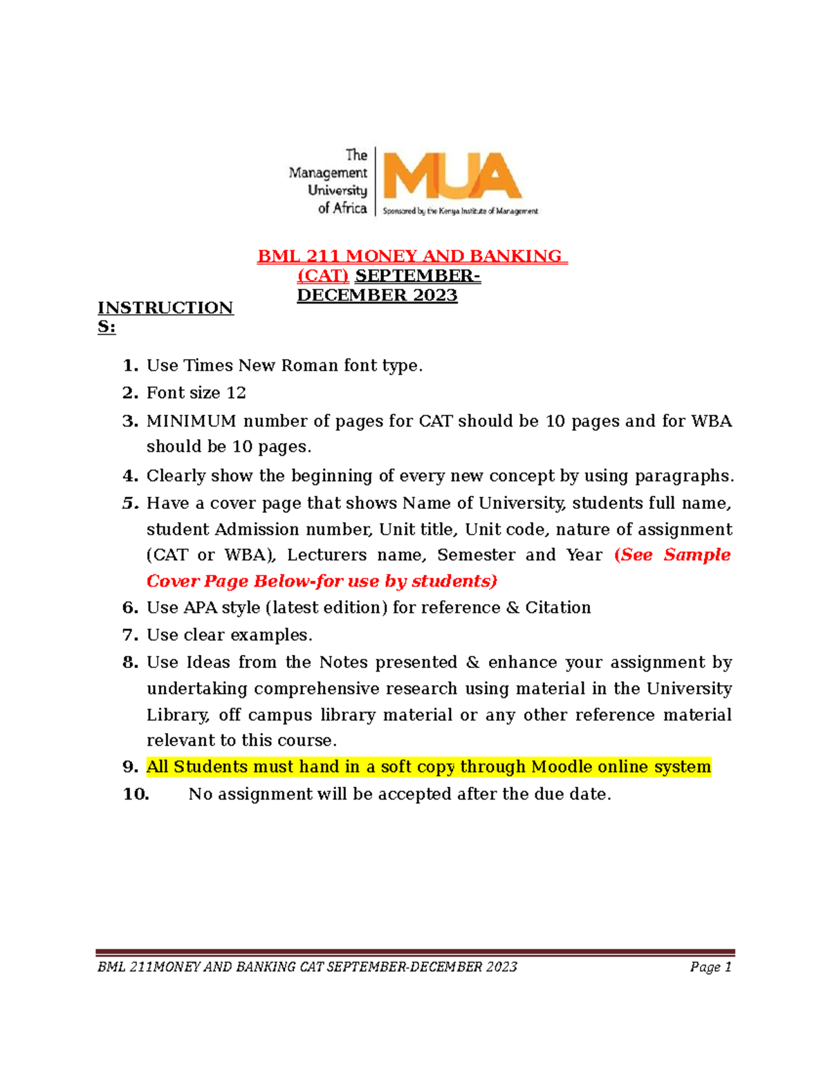 BML 211 Money and Banking Continuous Assessment Test Guidelines - Studocu