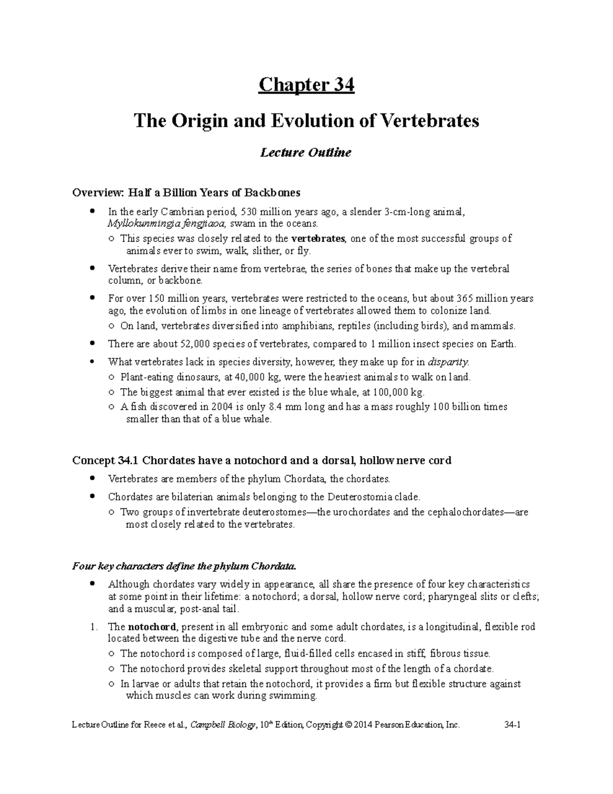 Chapter 34 Lecture Outline: The Evolution of Vertebrates - Studocu