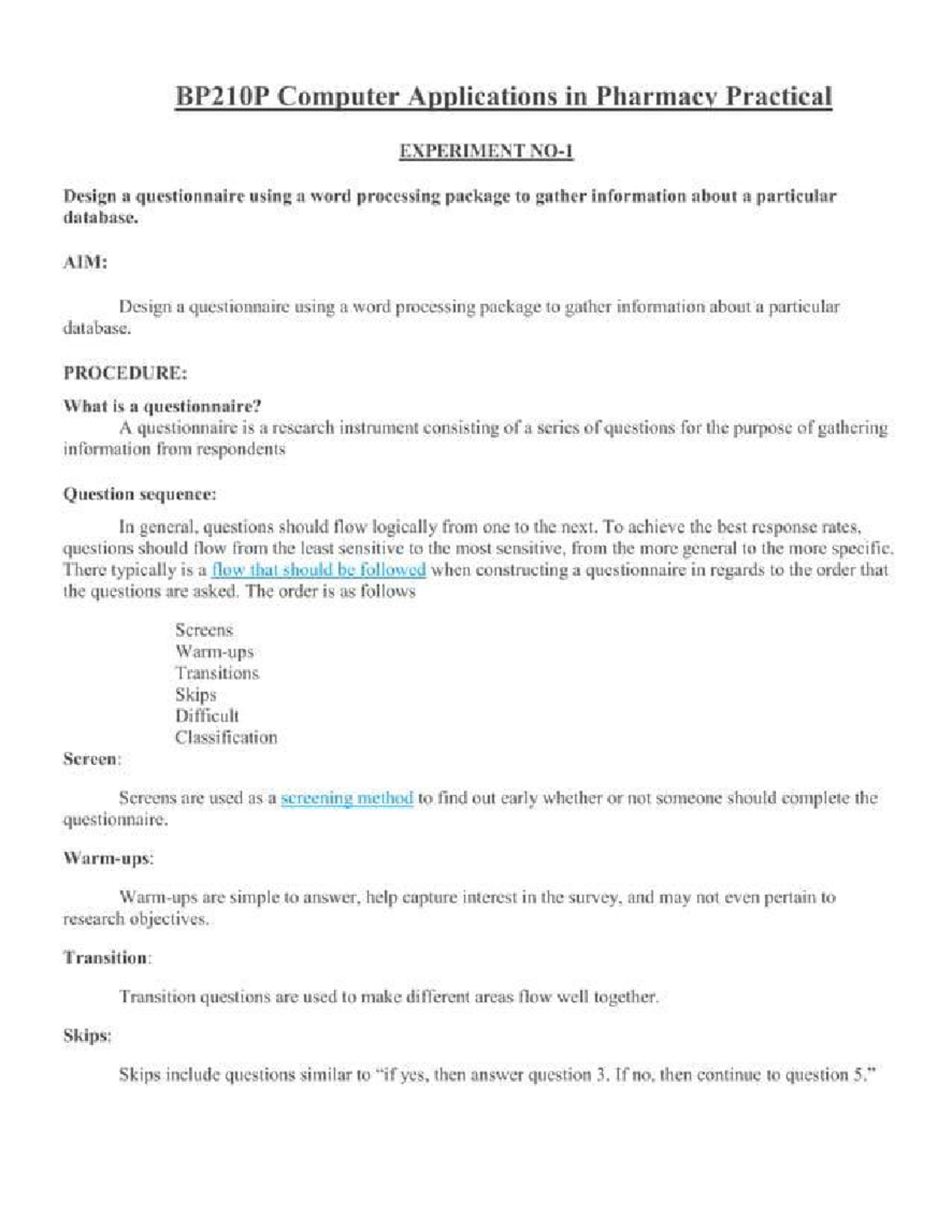 BP210P Computer Applications in Pharmacy: Practical Questionnaire ...