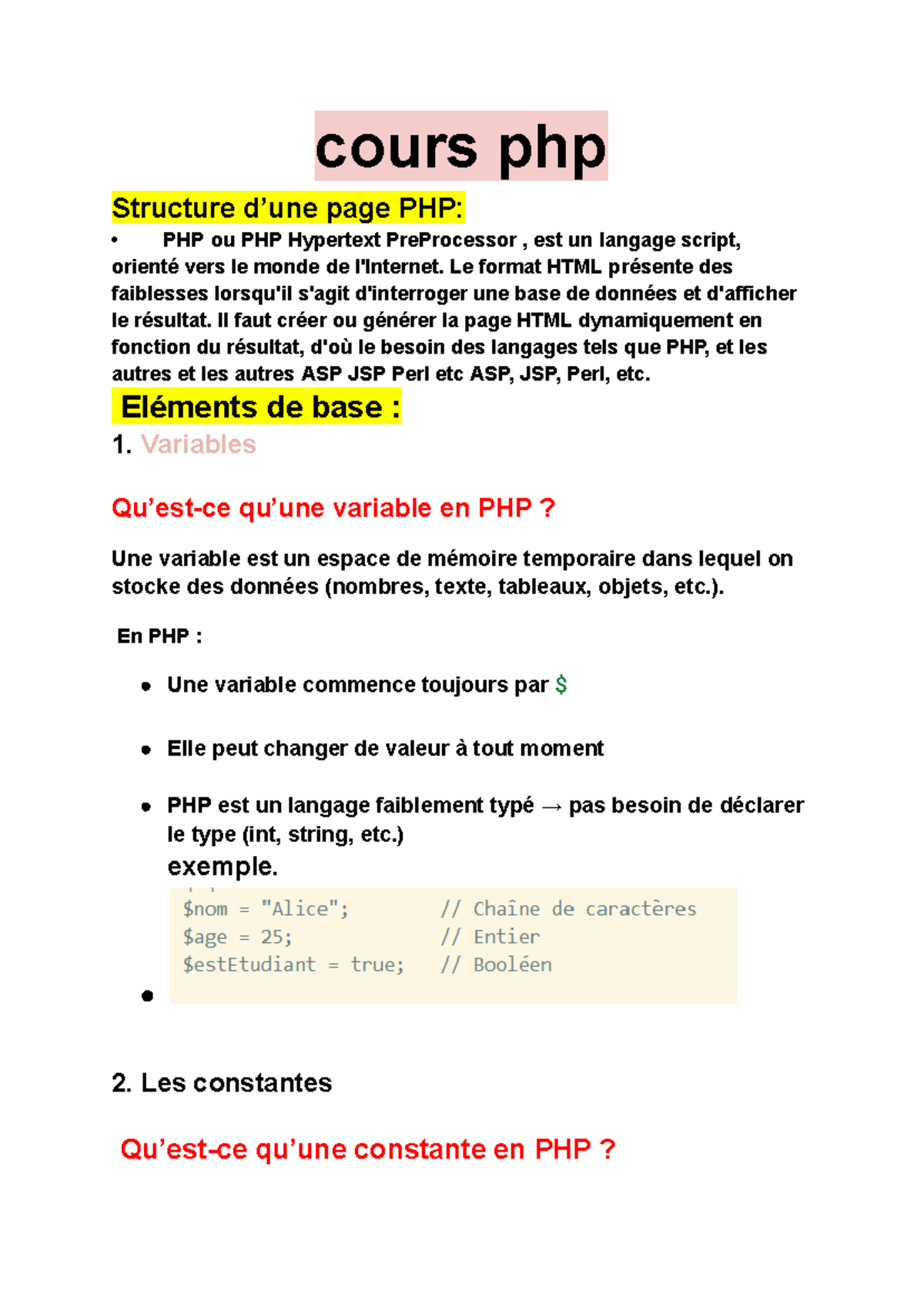 Cours PHP 2 - Structure et Concepts de Base en PHP - Studocu