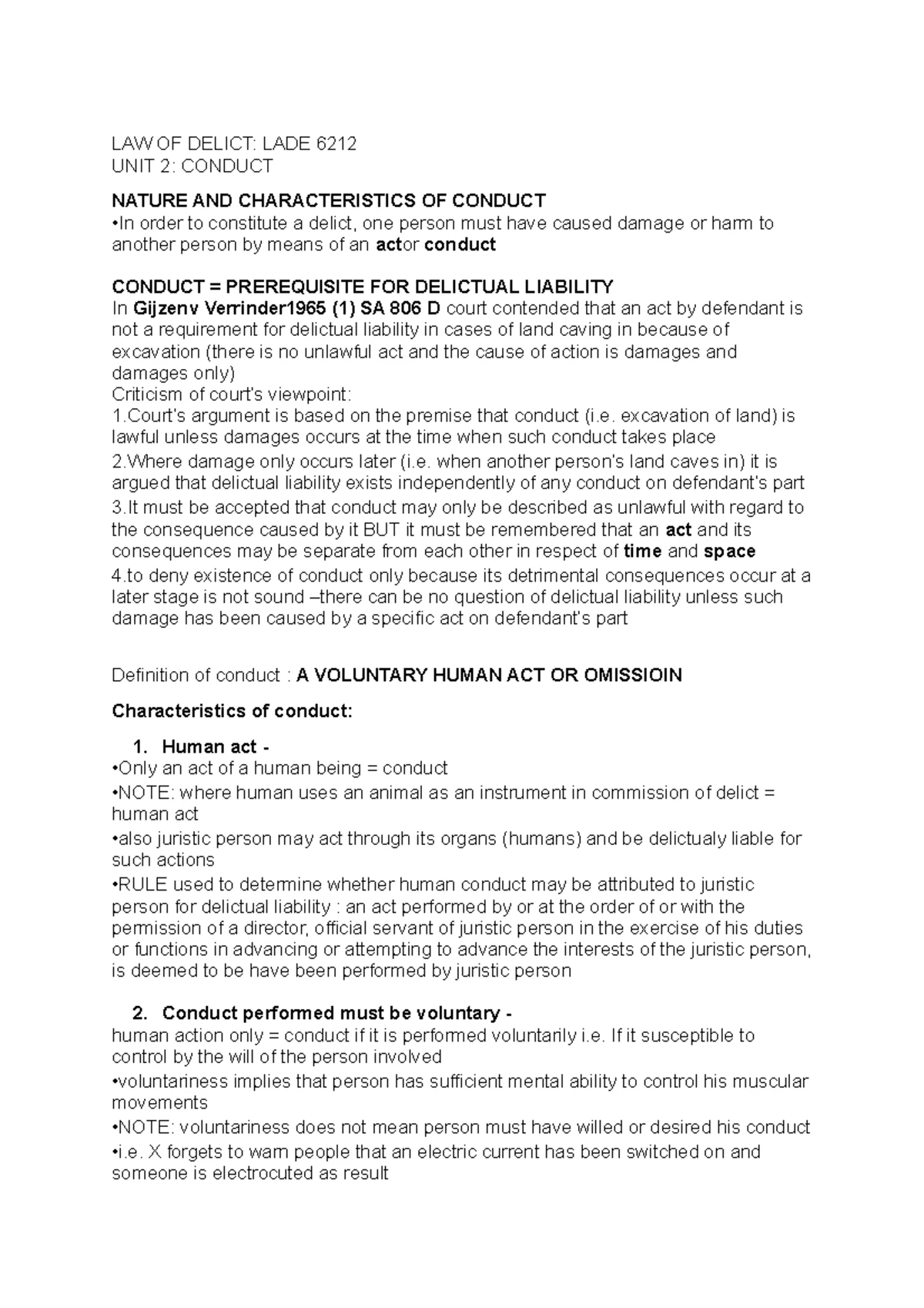 IURI 273 Final Exam Notes: Law of Delict Overview and Principles - Studocu