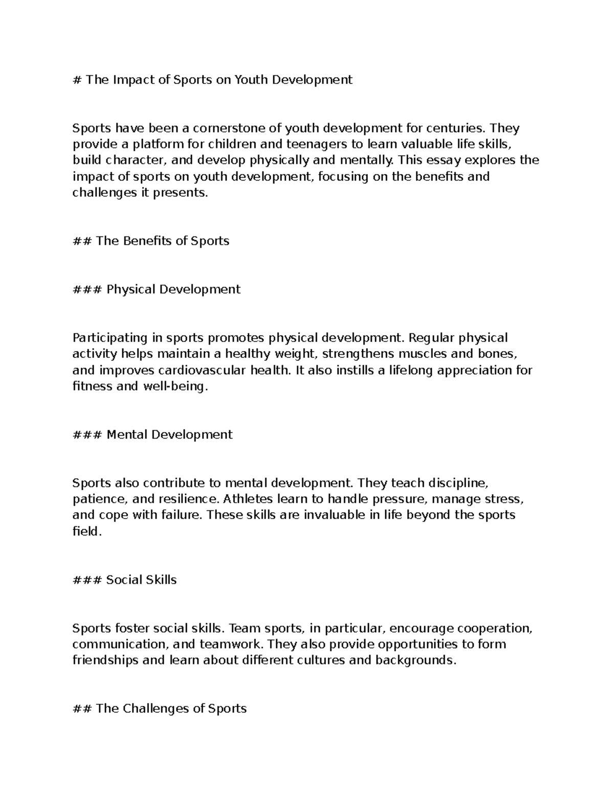 The Impact of Sports on Youth Development - Essay Notes - Studocu