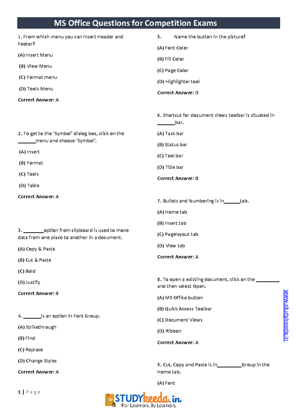 MS-Office Questions for Competition Exams: Comprehensive Guide - Studocu
