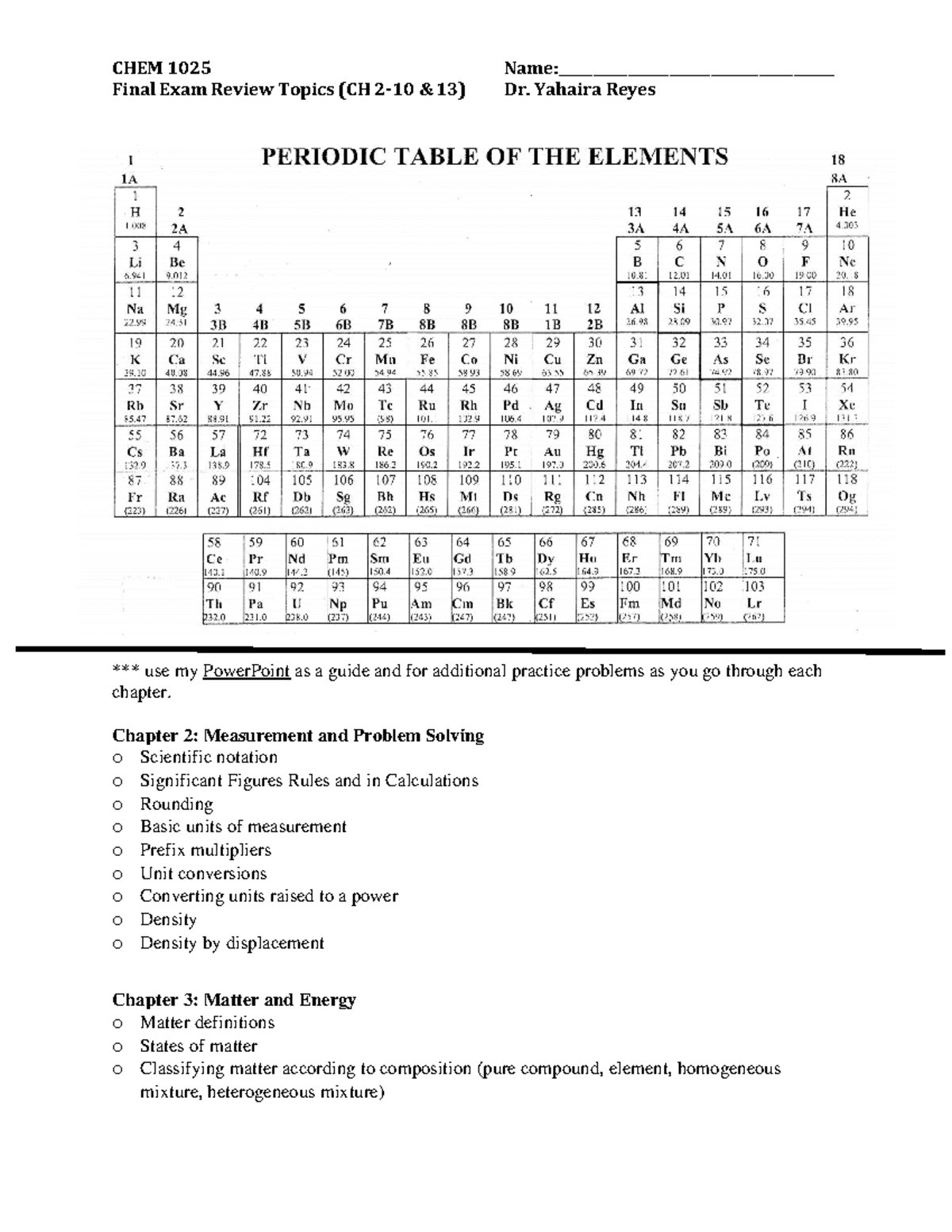 CHEM 1025 Final Exam Review Topics (Ch 2-10 & 13) - Studocu