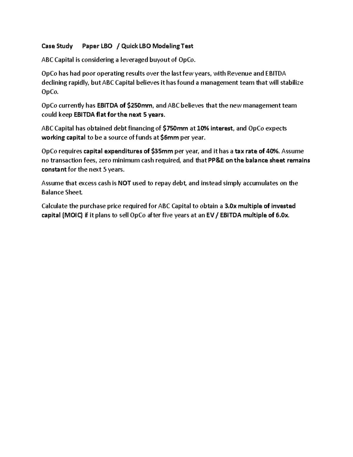 Case Study: Simple LBO Model (109 04) - Practice on Paper LBO Analysis ...