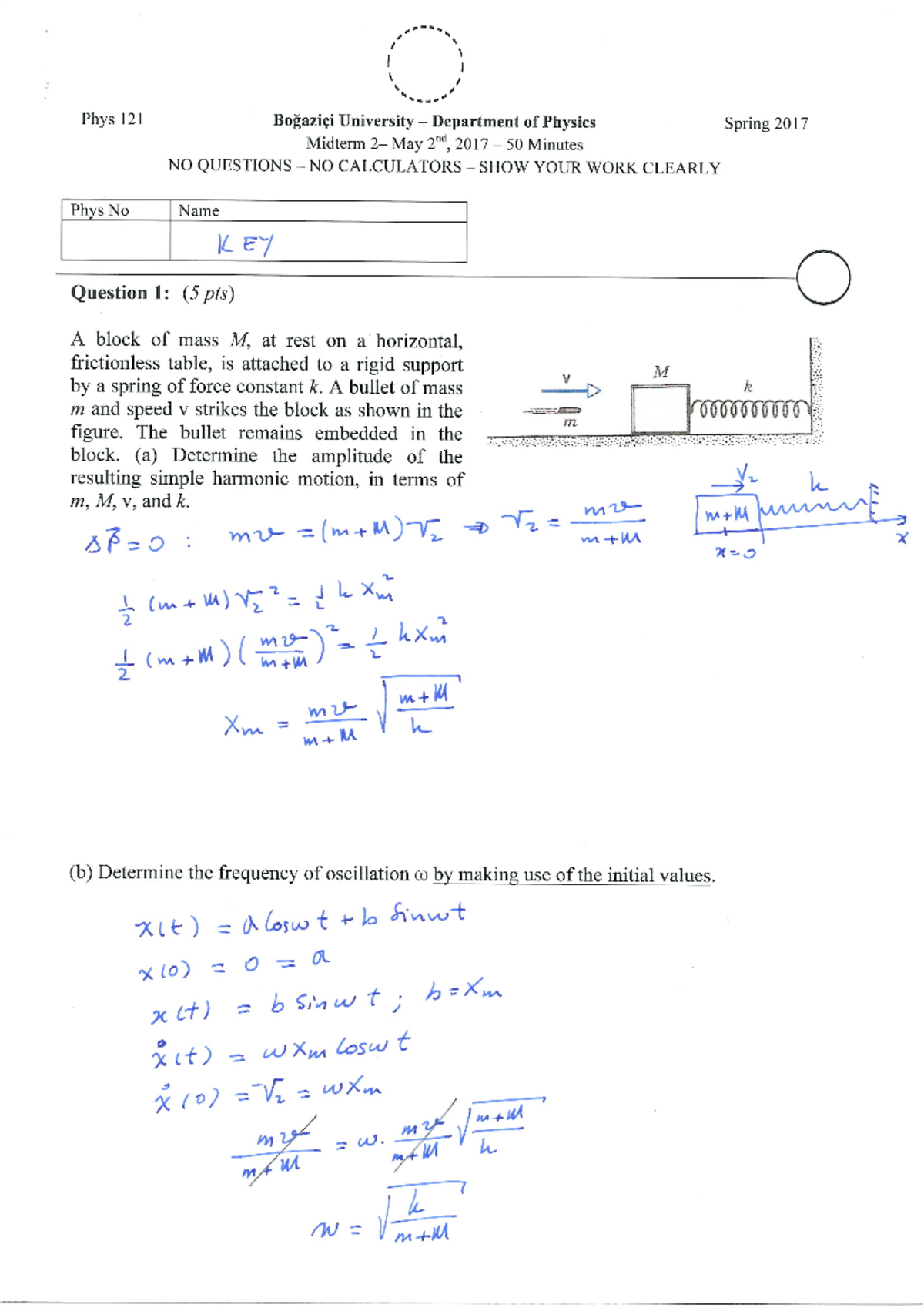 Phys 121 Boğaziçi University Spring 2017 Midterm Exam Key - Studocu