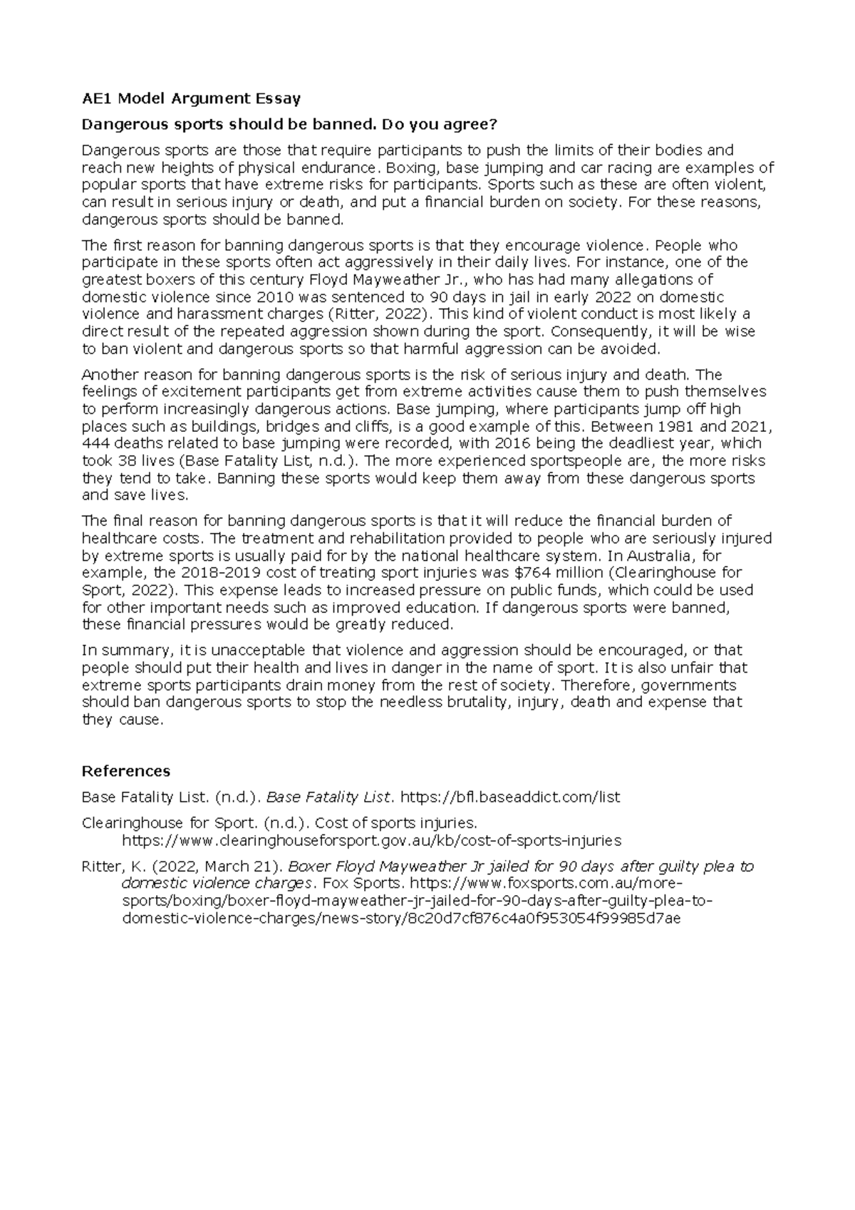 Argument Essay Model - Should Dangerous Sports Be Banned? - Studocu