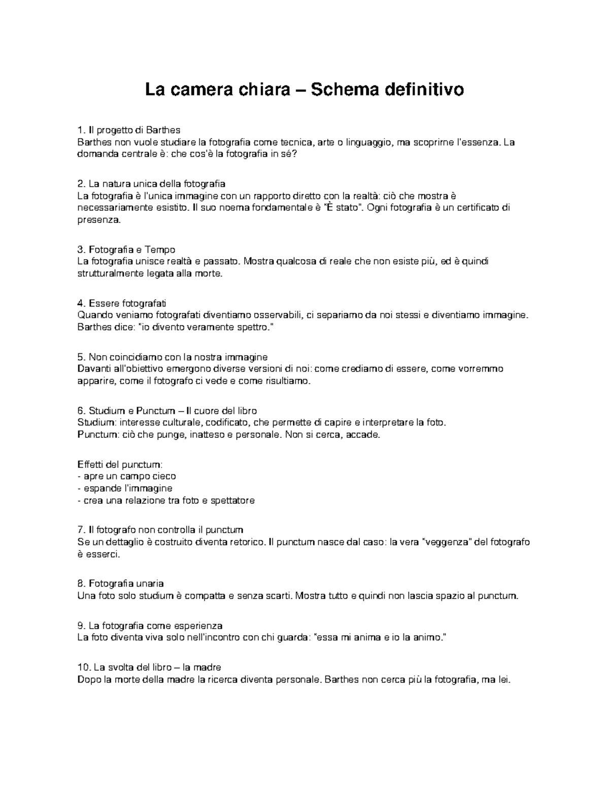 Schema La Camera Chiara: Analisi del Progetto di Barthes - Studocu