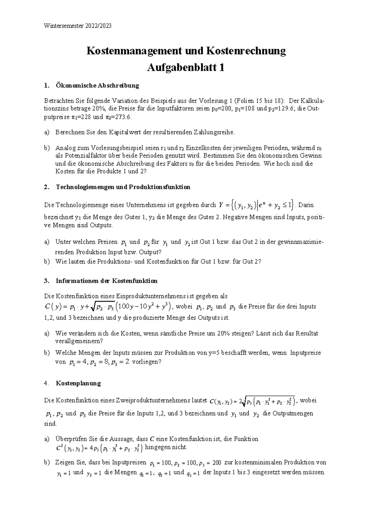 Aufgabenblatt 1 KMKR pdf - Wintersemester 2022/ Kostenmanagement und ...