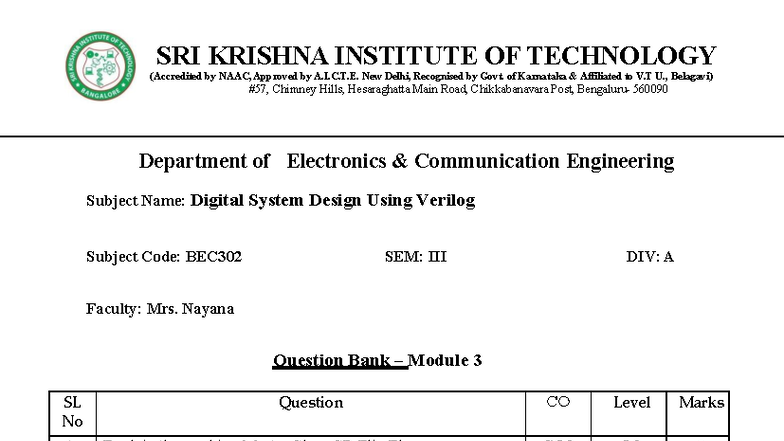BEC302 Digital System Design Using Verilog - Question Bank M3 - Studocu