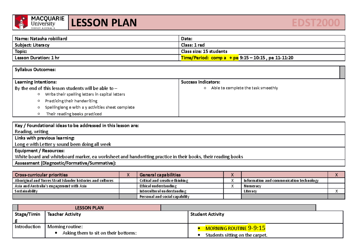 Complete lesson plan for tues and wed - LESSON PLAN EDST Name: Natasha ...