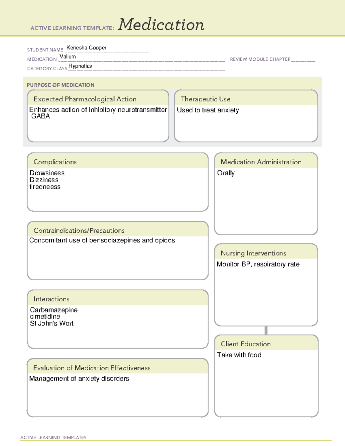 Valium - Medication card - ACTIVE LEARNING TEMPLATES Medication STUDENT ...