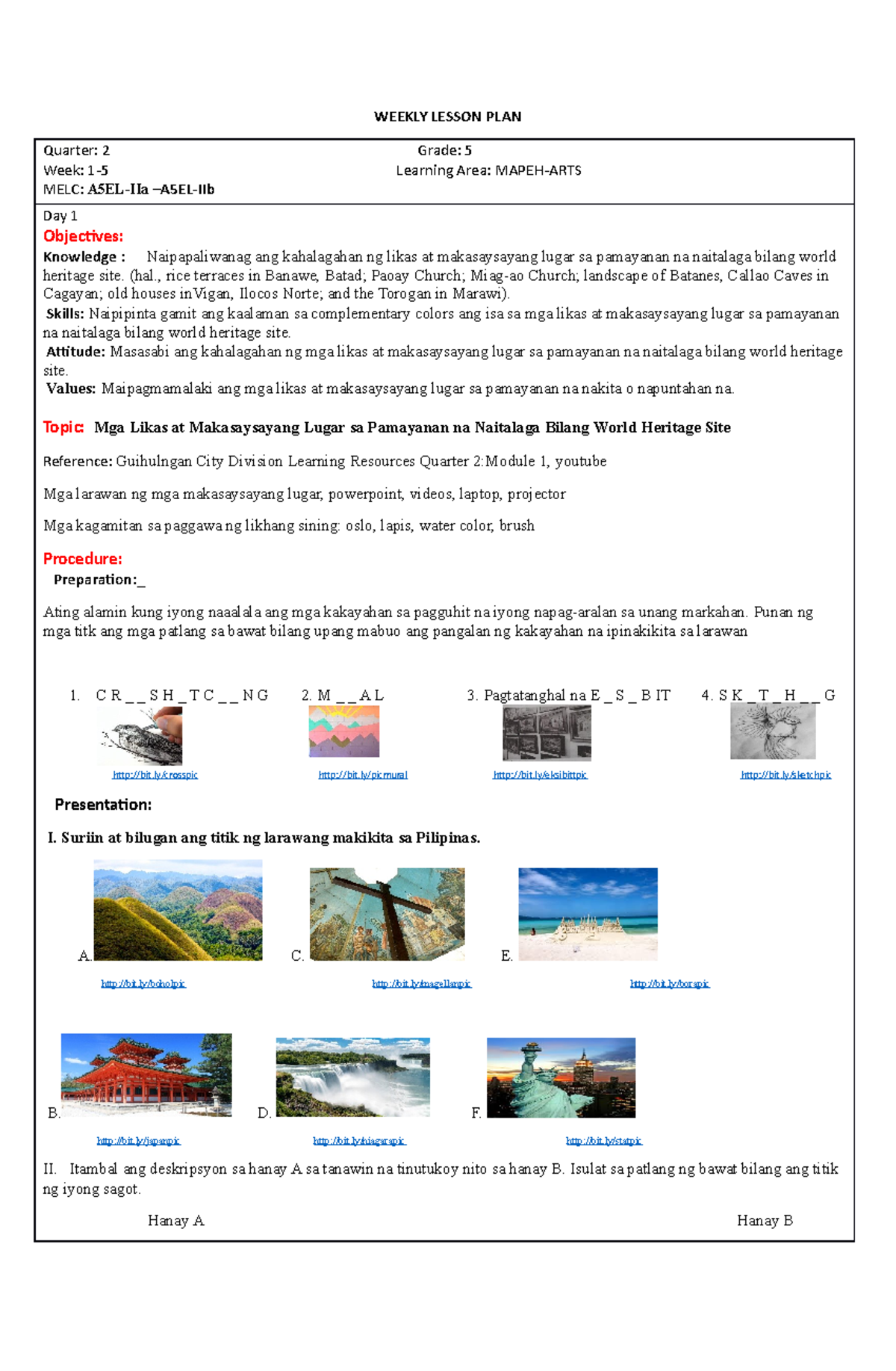 Grade 5 ARTS Q2 WEEK 1 Lesson Plan on World Heritage Sites - Studocu