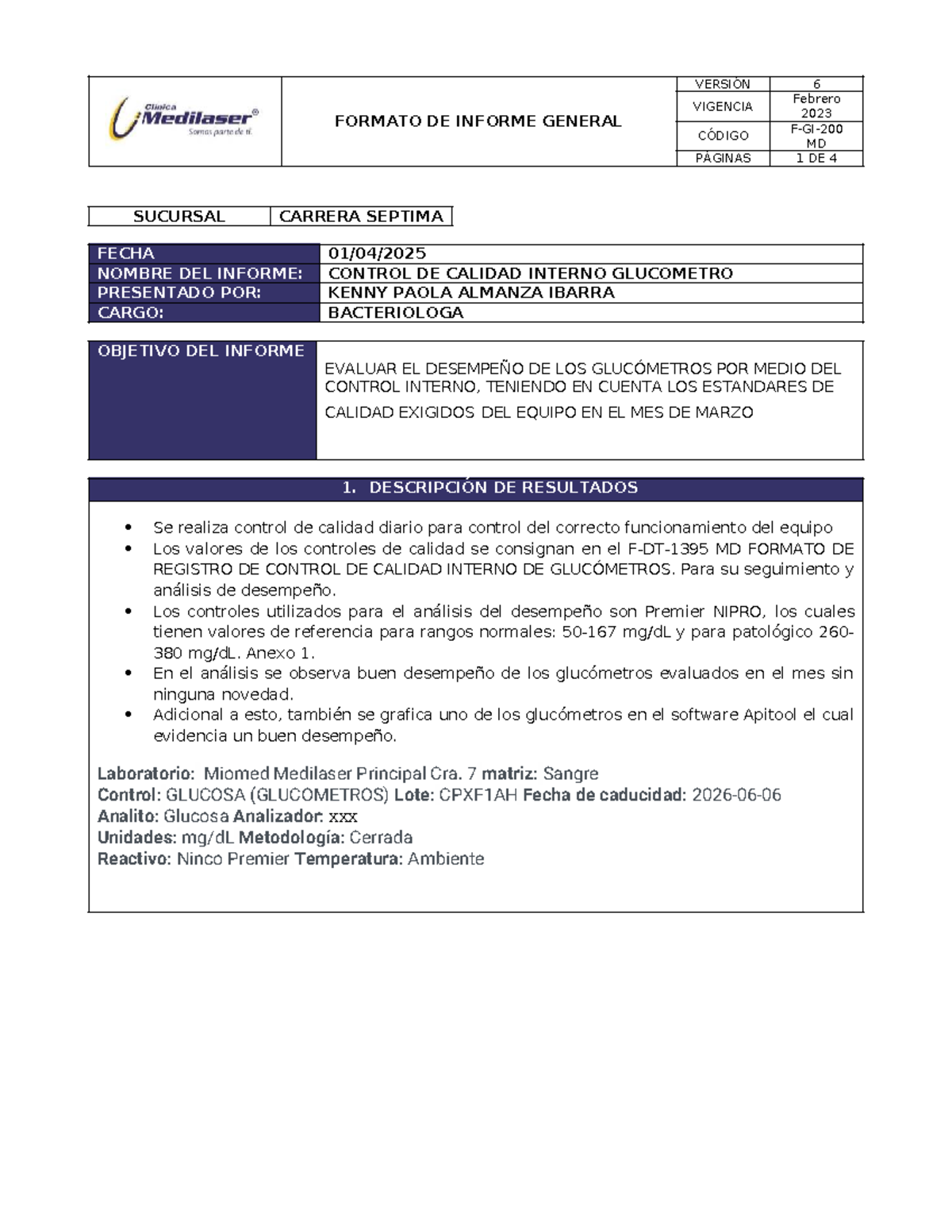 Informe de Control de Calidad Interno de Glucómetros - MD 2023 - Document Preview