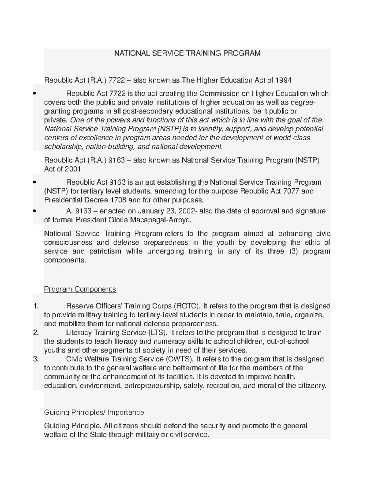 National Service Training Program - NATIONAL SERVICE TRAINING PROGRAM ...